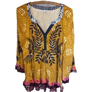 John Mark Women's Medium Layered Tiered Floral Boho Print Tunic Blouse Resort